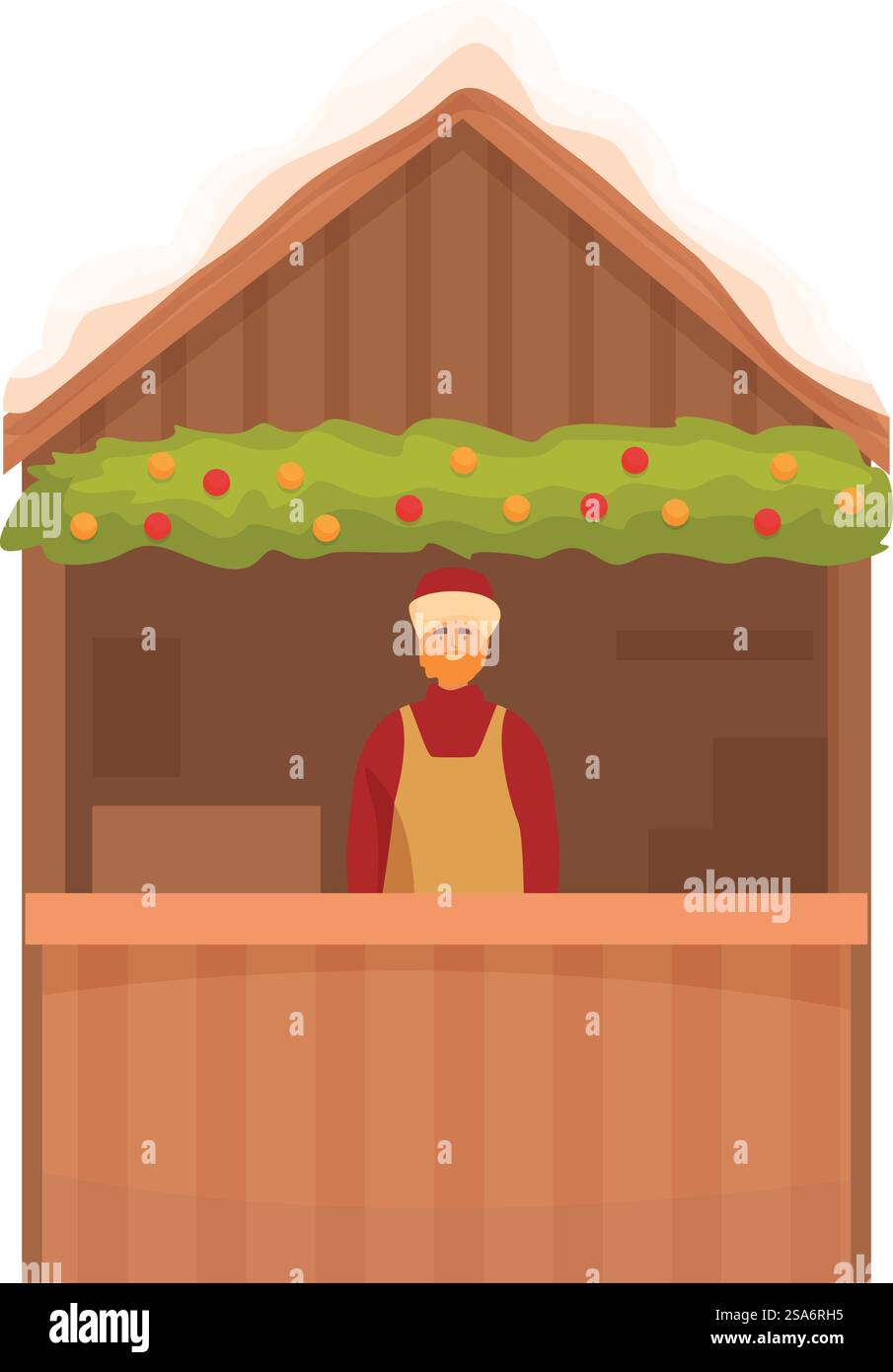 Weihnachtsmarkt mit Dekoration und einem Verkäufer mit Schürze und weihnachtsmütze. Verkäufer wartet auf Kunden an seinem Holzmarkt, der mit Schnee bedeckt ist Stock Vektor