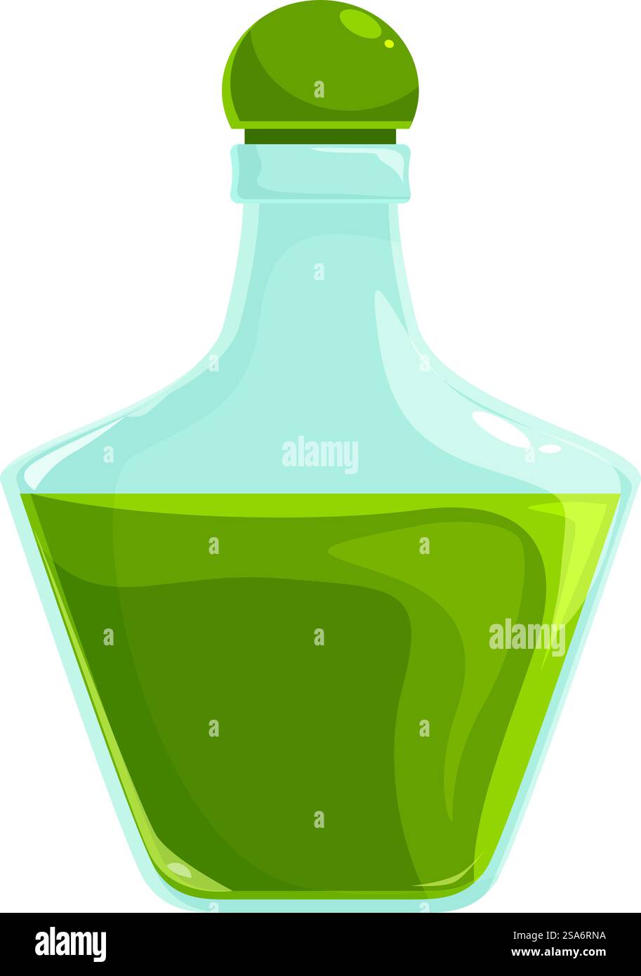 Glasflasche mit Olivenöl, mit grüner Färbung, isoliert auf weißem Hintergrund. Glasflasche mit frischem Olivenöl isoliert Stock Vektor