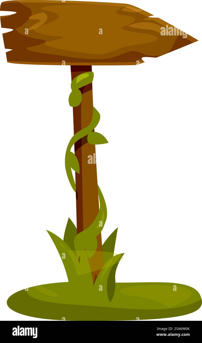 Hölzerne Wegweiser im Gras mit Reben, die nach rechts zeigen. Alte hölzerne Wegweiser mit wachsenden Reben nach rechts Stock Vektor