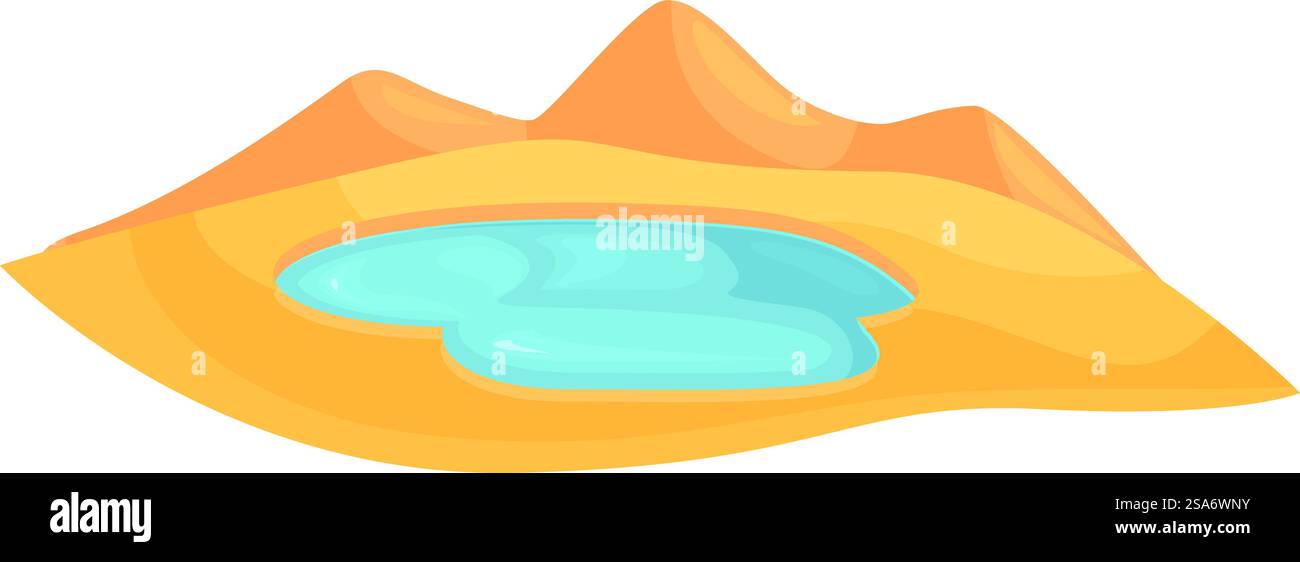 Kleine Gewässer bieten dringend benötigte Hilfe in dieser heißen und trockenen Wüstenumgebung. Kleine Wasseroase umgeben von Sanddünen in einer Wüste Stock Vektor