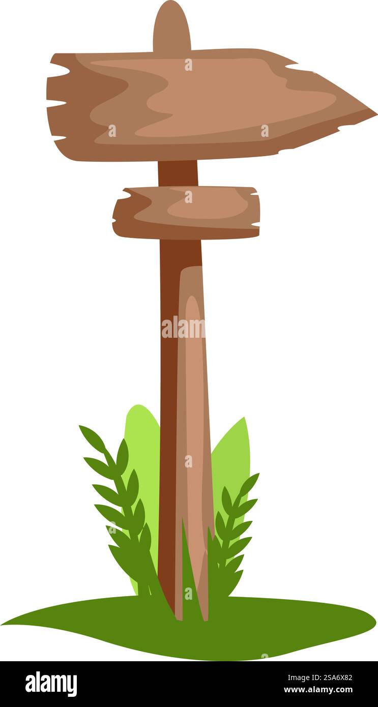 Leeres hölzernes Pfeilschild, das nach rechts zeigt, mit Pflanzen und Gras umgibt. Hölzerne Pfeilschilder, die nach rechts zeigen, mit Pflanzen und Gras Stock Vektor