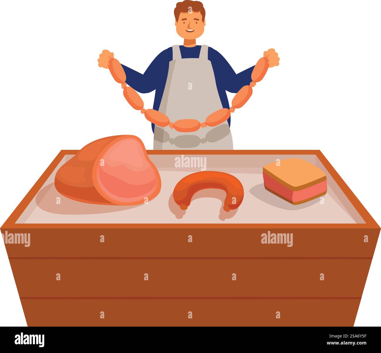 Männlicher Metzger mit Schürze, der Würstchen über der Theke mit verschiedenen Fleischprodukten hält. Der Metzger hält eine Reihe von Würstchen über dem Tresen mit Fleischerzeugnissen Stock Vektor