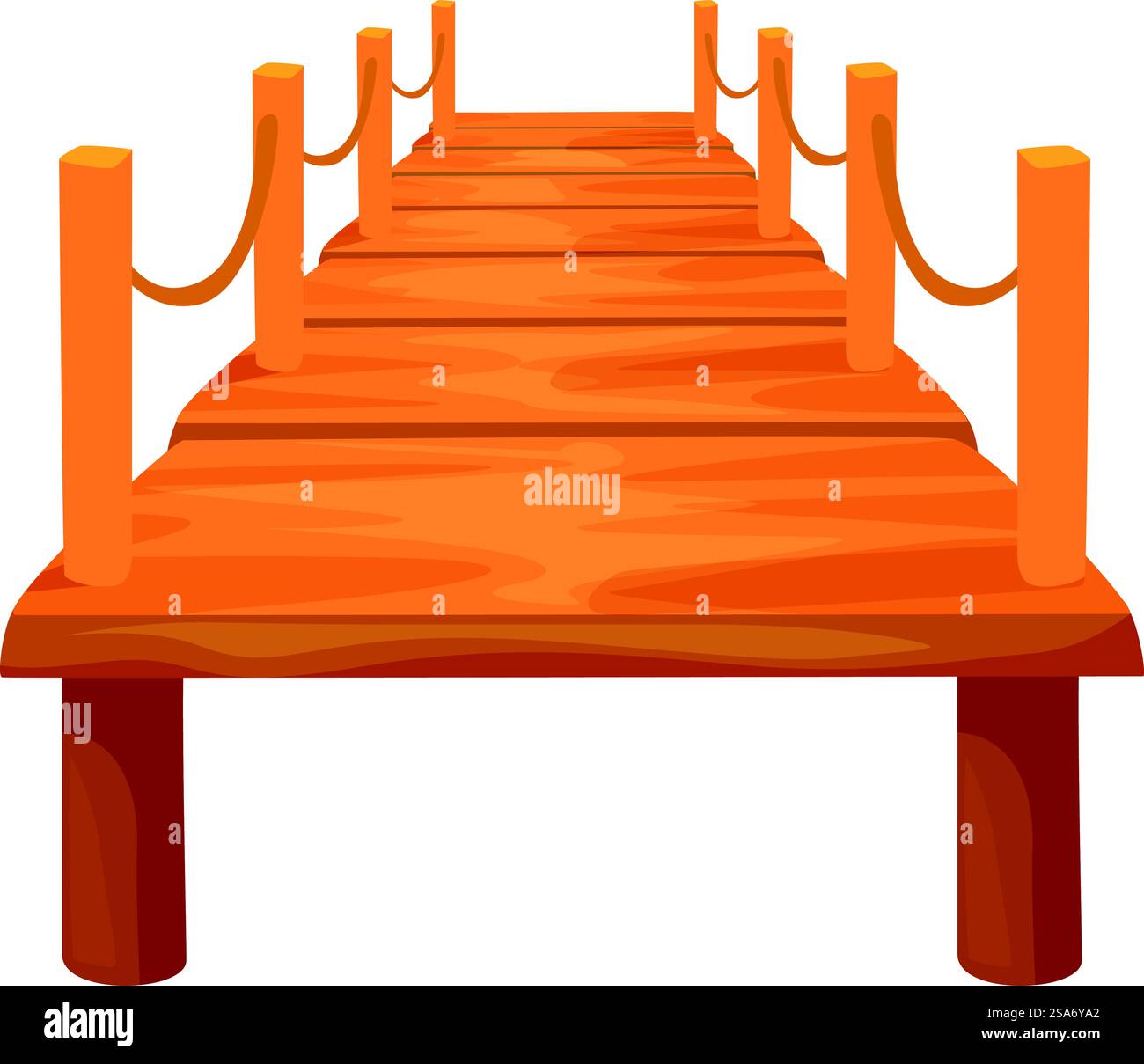 Leerer hölzerner Pier mit Geländern, die sich über ein Gewässer erstrecken, lädt zu Entdeckungen und Abenteuern ein. Hölzerner Pier, der sich über Wasser erstreckt und ins nichts führt, isoliert auf weißem Hintergrund Stock Vektor