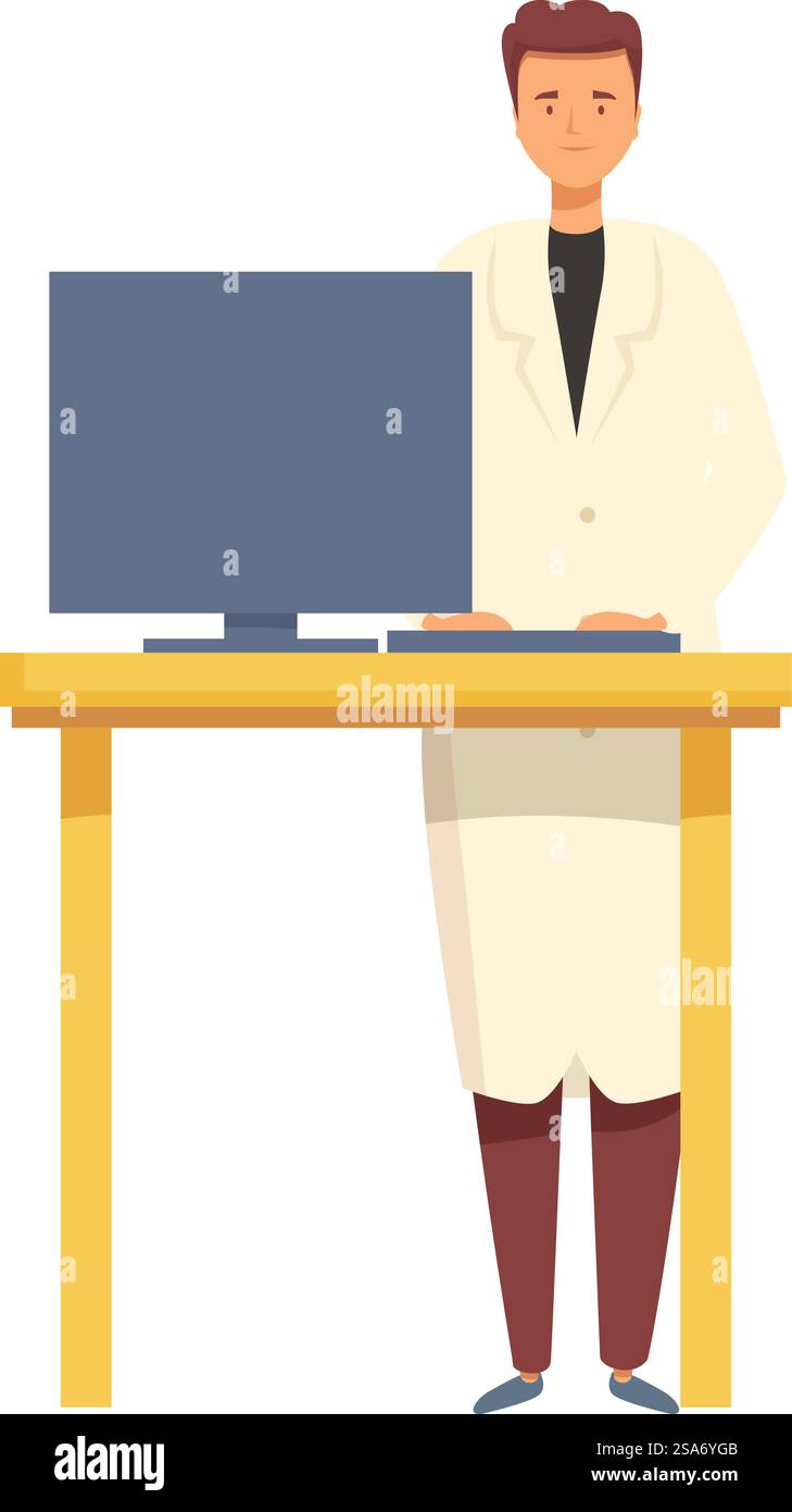 Männlicher Wissenschaftler, der neben dem Schreibtisch steht, mit Computer, wissenschaftlicher Laborarbeiter, der Forschung durchführt Stock Vektor