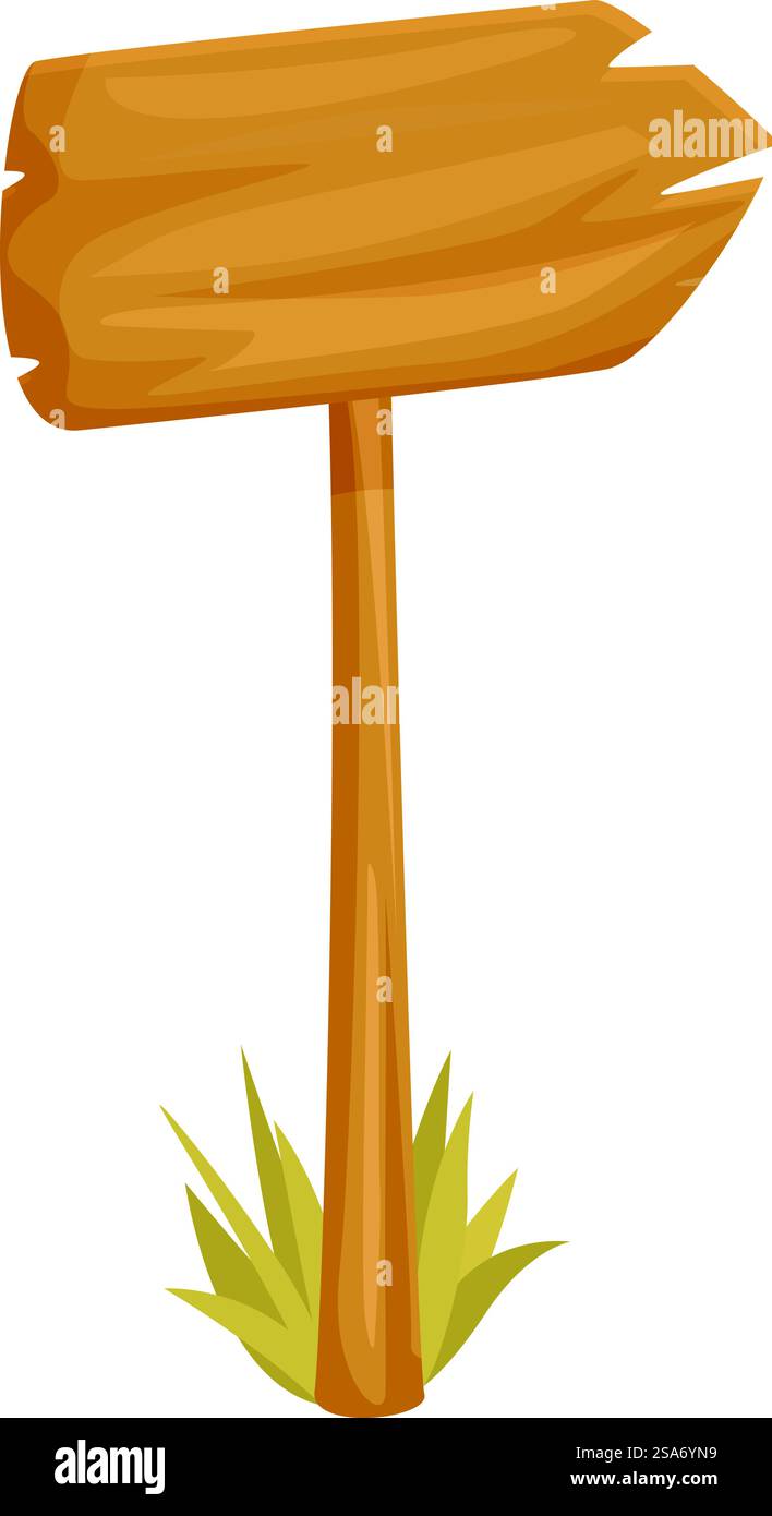 Das verwitterte Holzschild steht im Gras und zeigt nach rechts vom Rahmen. Hölzernes Schild, das nach rechts zeigt und Gras an der Basis wächst Stock Vektor