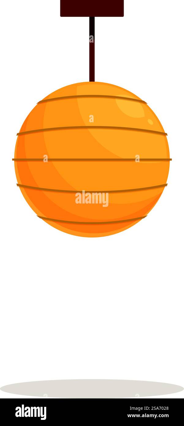 Die runde orangefarbene Deckenleuchte hängt und verbreitet warmes Licht. Runde orangefarbene Deckenlampe, die auf weißem Hintergrund hängt Stock Vektor