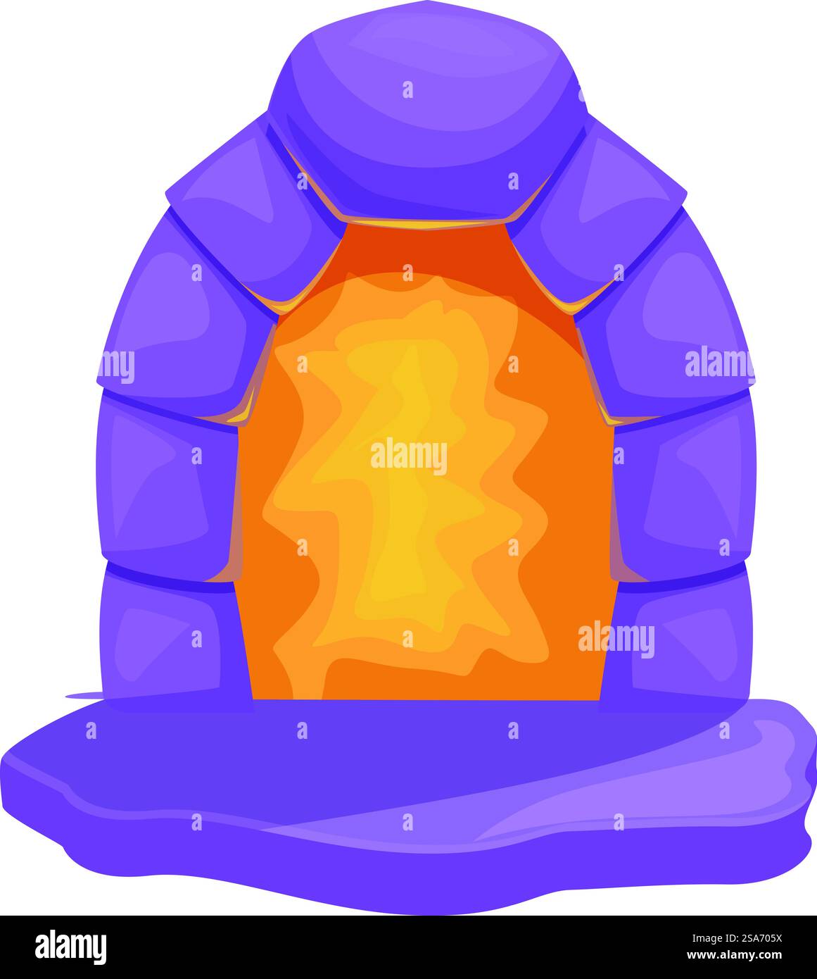 Der Torbogen aus Cartoon-Stein leuchtet mit einem orangefarbenen Licht dahinter und ist von violetten Felsen umgeben. Der Torbogen aus Cartoon-Stein leuchtet mit violetten Felsen Stock Vektor