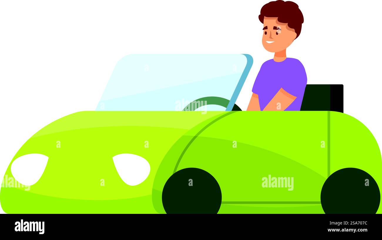 Junger Mann, der grüne Zeichentrickfilm Elektroauto fährt, lächelt. Der junge Mann fährt sein neues umweltfreundliches Auto Stock Vektor
