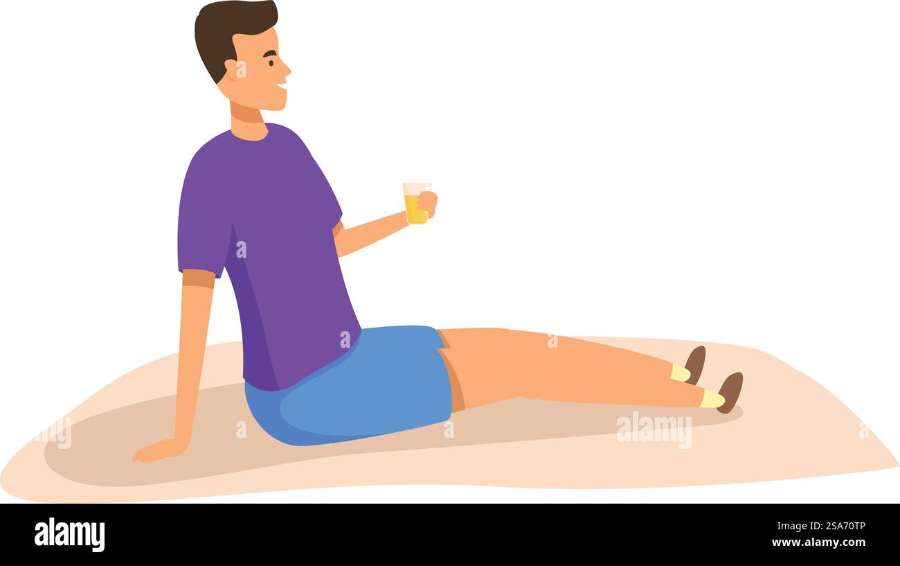 Der junge Mann genießt seinen Urlaub, sitzt auf einem Handtuch und trinkt Saft. Junger Mann, der auf einem Handtuch sitzt und im Urlaub Saft trinkt Stock Vektor