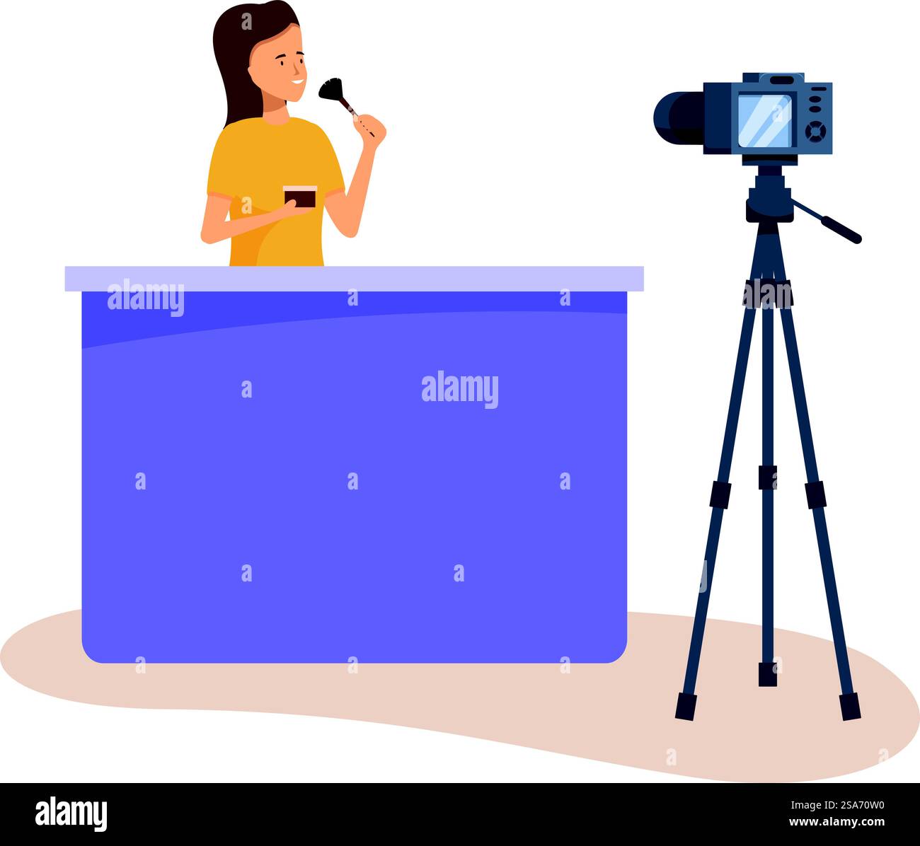 Die junge Frau nimmt ein Make-up-Tutorial für ihren Video-Blog auf, indem sie eine Kamera auf einem Stativ benutzt. Beauty-Blogger, der Make-up anwendet und Video-Blog aufnimmt Stock Vektor