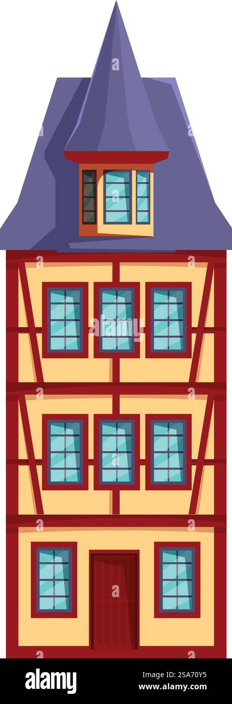Ein hohes Gebäude mit einem Dachboden und einem roten Dach steht in der Mitte des Bildes. Hohes europäisches mittelalterliches Gebäude mit Dachboden und rotem Dach Stock Vektor