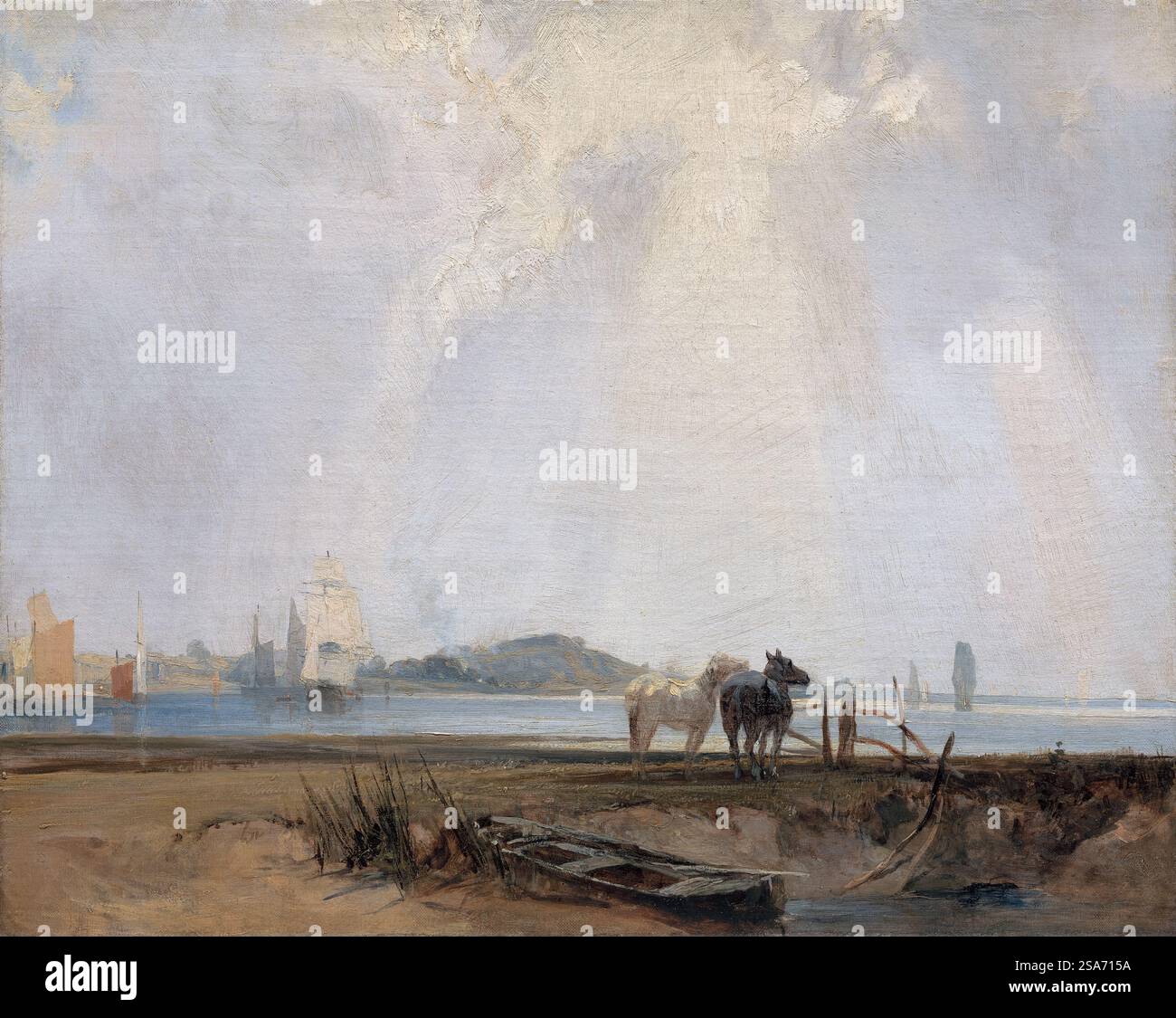 Gemälde des englischen Künstlers Richard Parkes Bonington in der Nähe von Quillebeuf Frankreich aus den 1820er Jahren Kunstwerk Öl auf Tafel, französischer Strand, Küste, Küste Stockfoto