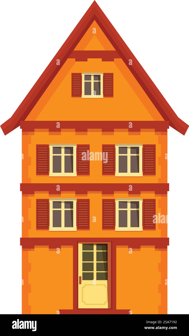 Bezauberndes Gebäude mit orangefarbener Fassade mit braunem Dach und Fensterläden, das im traditionellen europäischen Architekturstil steht. Traditionelles Gebäude mit orangefarbener Fassade mit braunem Dach und Fensterläden auf weißem Hintergrund Stock Vektor