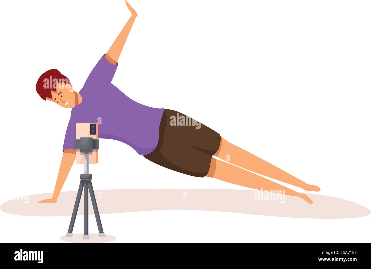 Sportler, der zu Hause eine Seitenplanke macht und Online-Training auf der Smartphone-Kamera aufzeichnet. Sportsman nimmt Online-Training mit Smartphone-Kamera zu Hause auf Stock Vektor