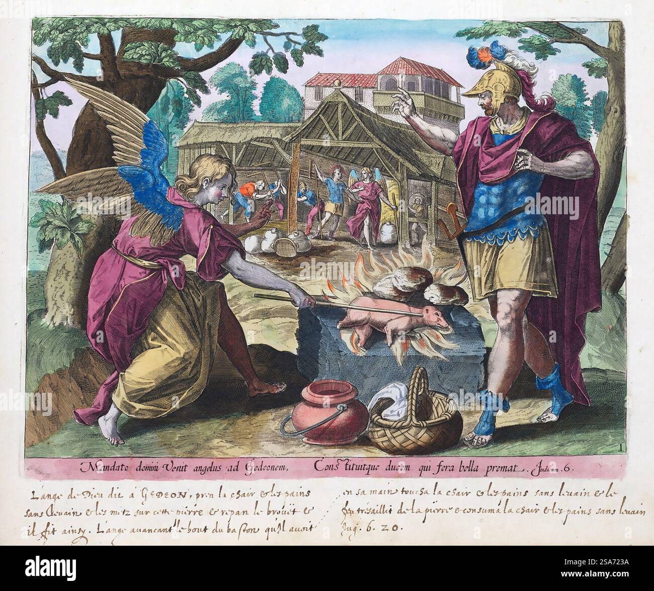 Handgemalter Gravur eines Engels, der das Opfer des israelischen Richters Gideon annahm, bevor er die Midianiten mit seiner Armee von 300 bei einem erfolgreichen Überraschungsangriff aus dem Buch der Richter bekämpfte. Illustration aus dem Thesaurus Sacrarum, 1585; herausgegeben von Gerard de Jode, Flämisch (1509–1591) nach Chrispijn van den Broeck, Niederländisch (Mechelen 1524–1590/91 Antwerpen) Stockfoto