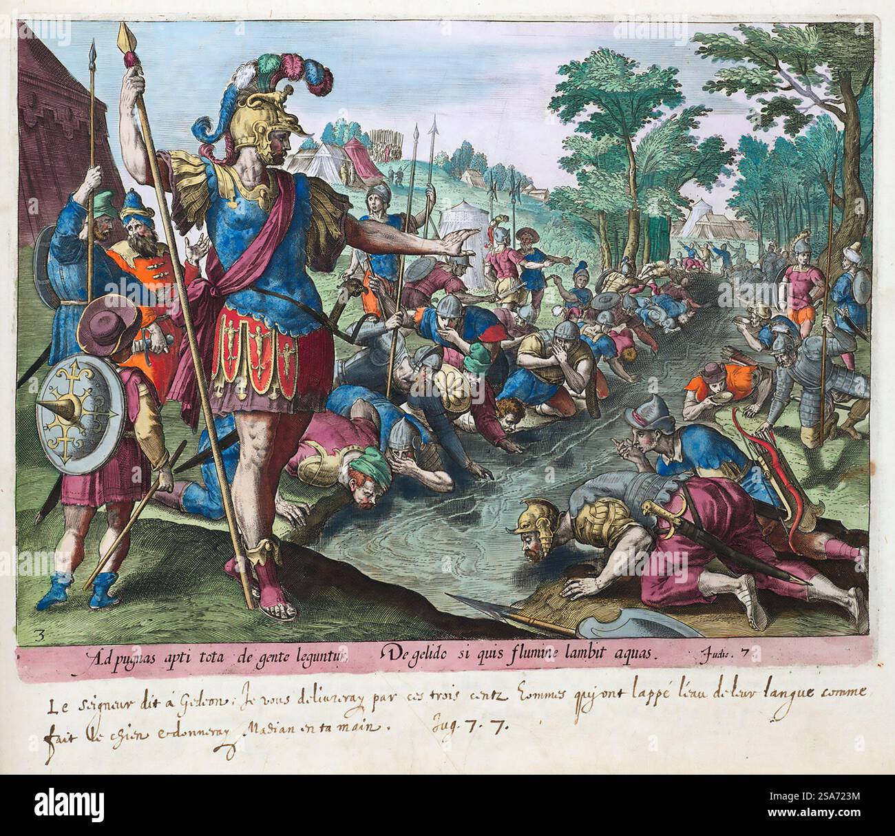 Handgemalter Gravur des israelischen Richters Gideon, der seine Armee auf 300 Mann für einen Angriff auf die Midianiter ausdünnte, aus dem Buch der Richter. Illustration aus dem Thesaurus Sacrarum, 1585; herausgegeben von Gerard de Jode, Flämisch (1509–1591) nach Chrispijn van den Broeck, Niederländisch (Mechelen 1524–1590/91 Antwerpen) Stockfoto
