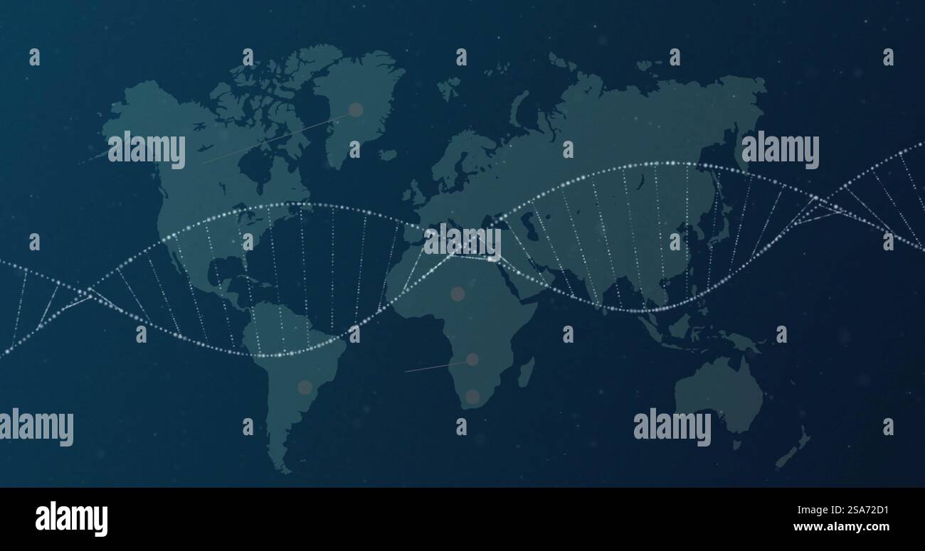 Bild eines dna-Strangs über der Weltkarte auf schwarzem Hintergrund Stockfoto