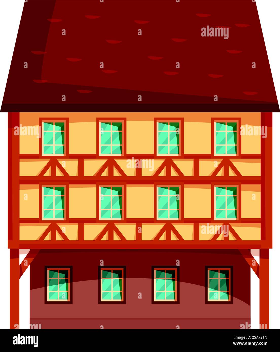 Charmantes Fachwerkhaus mit rotem Ziegeldach, das traditionelle europäische Architektur zeigt. Traditionelle europäische Architektur, ein Fachwerkhaus mit rotem Ziegeldach Stock Vektor