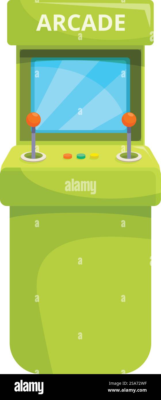 Grüne Arcade-Spielmaschine mit Joysticks und Knöpfen, die Spieler zu einem nostalgischen Spielerlebnis einlädt. Grüne Arcade-Spielmaschine steht bereit für Spieler Stock Vektor