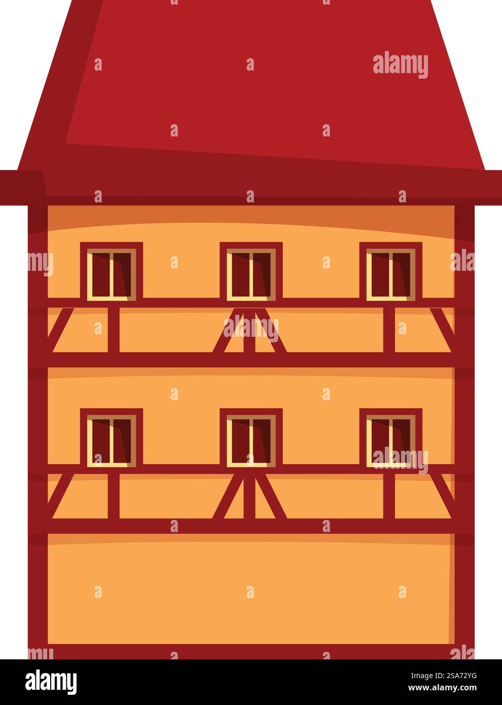 Traditionelles deutsches oder elsässisches Fachwerkhaus mit überhängenden Geschichten und rotem Ziegeldach, typisch für mittelalterliche Architektur. Traditionelles deutsches Fachwerkhaus mit überhängenden Geschossen und rotem Ziegeldach Stock Vektor
