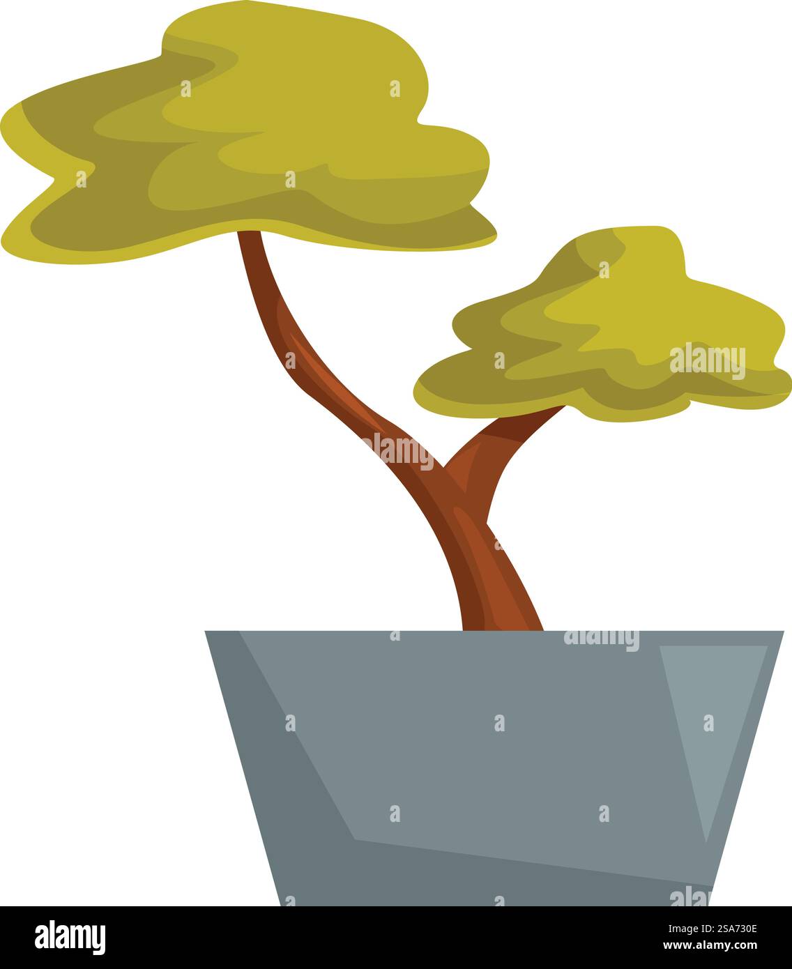 Kleiner Bonsai-Baum mit geschwungenem Stamm und üppigem grünem Laub, der in einem einfachen grauen Topf wächst. Dekorativer kleiner Bonsaibaum, der in einem Topf wächst Stock Vektor