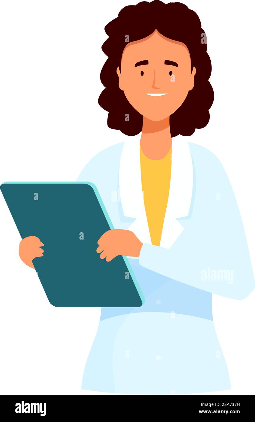 Friendly Doctor hält ein Tablet in der Hand, das die Schnittstelle von Gesundheitswesen und digitaler Technologie zeigt. Lächelnde Ärztin mit digitalem Tablet, medizinischer Versorgung und Technologie Stock Vektor