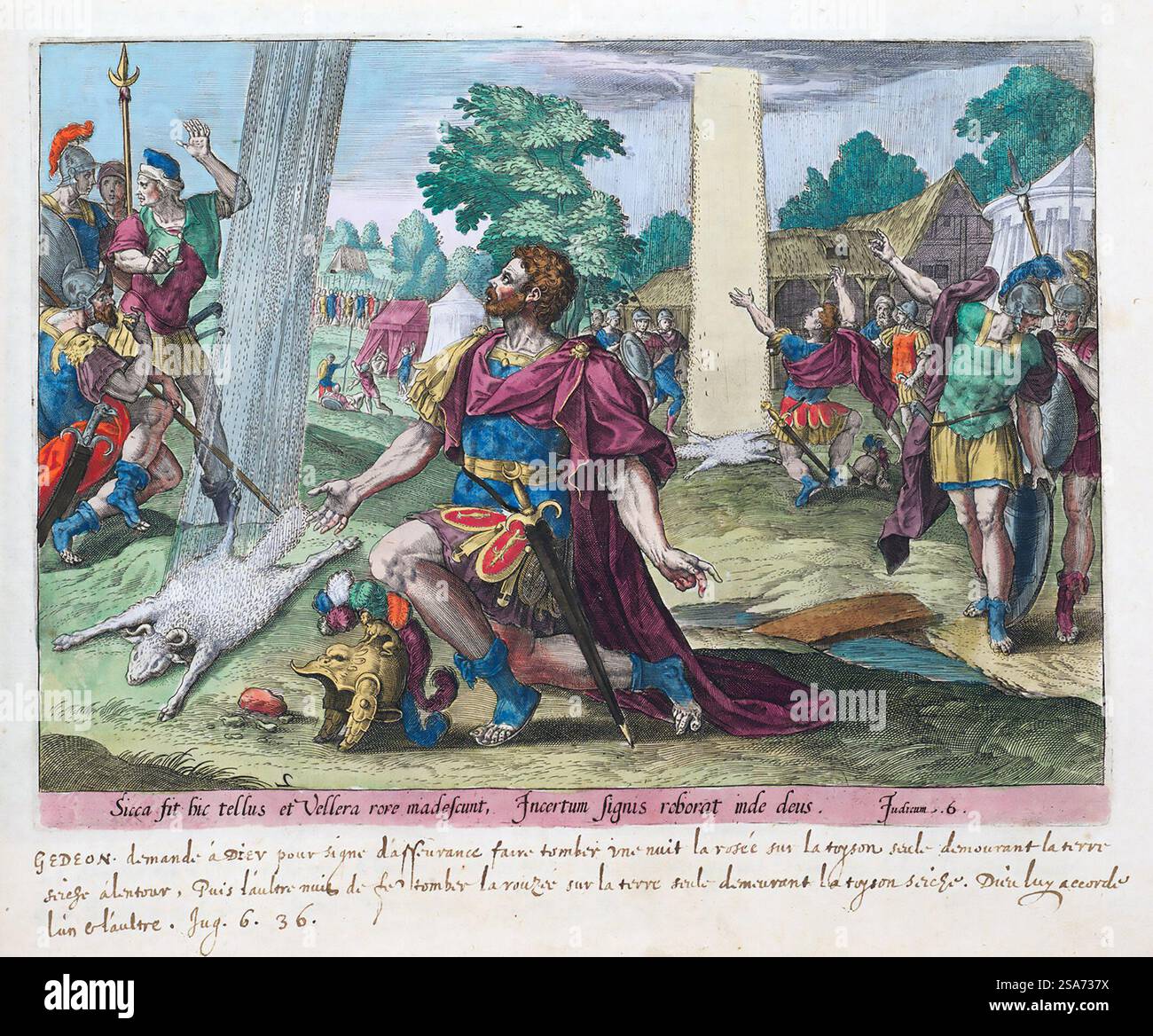 Handgemalter Gravur des israelitischen Richters Gideon, der nach einem Zeichen von Gott bittet, indem er ein Vlies herauszieht, das mit Tau-Wal bedeckt wird. Der Rest des Bodens bleibt trocken, aus dem Buch der Richter. Illustration aus dem Thesaurus Sacrarum, 1585; herausgegeben von Gerard de Jode, Flämisch (1509–1591) nach Chrispijn van den Broeck, Niederländisch (Mechelen 1524–1590/91 Antwerpen) Stockfoto