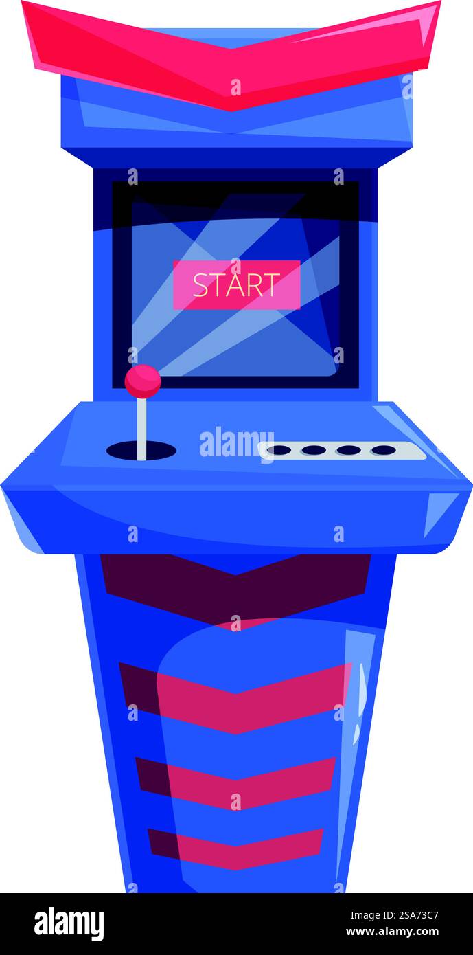 Farbenfrohes Arcade-Spiel mit angezeigter Starttaste, das Spieler zu einem nostalgischen Spielerlebnis einlädt. Blaues und rotes Arcade-Spiel steht, wobei die Starttaste angezeigt wird Stock Vektor