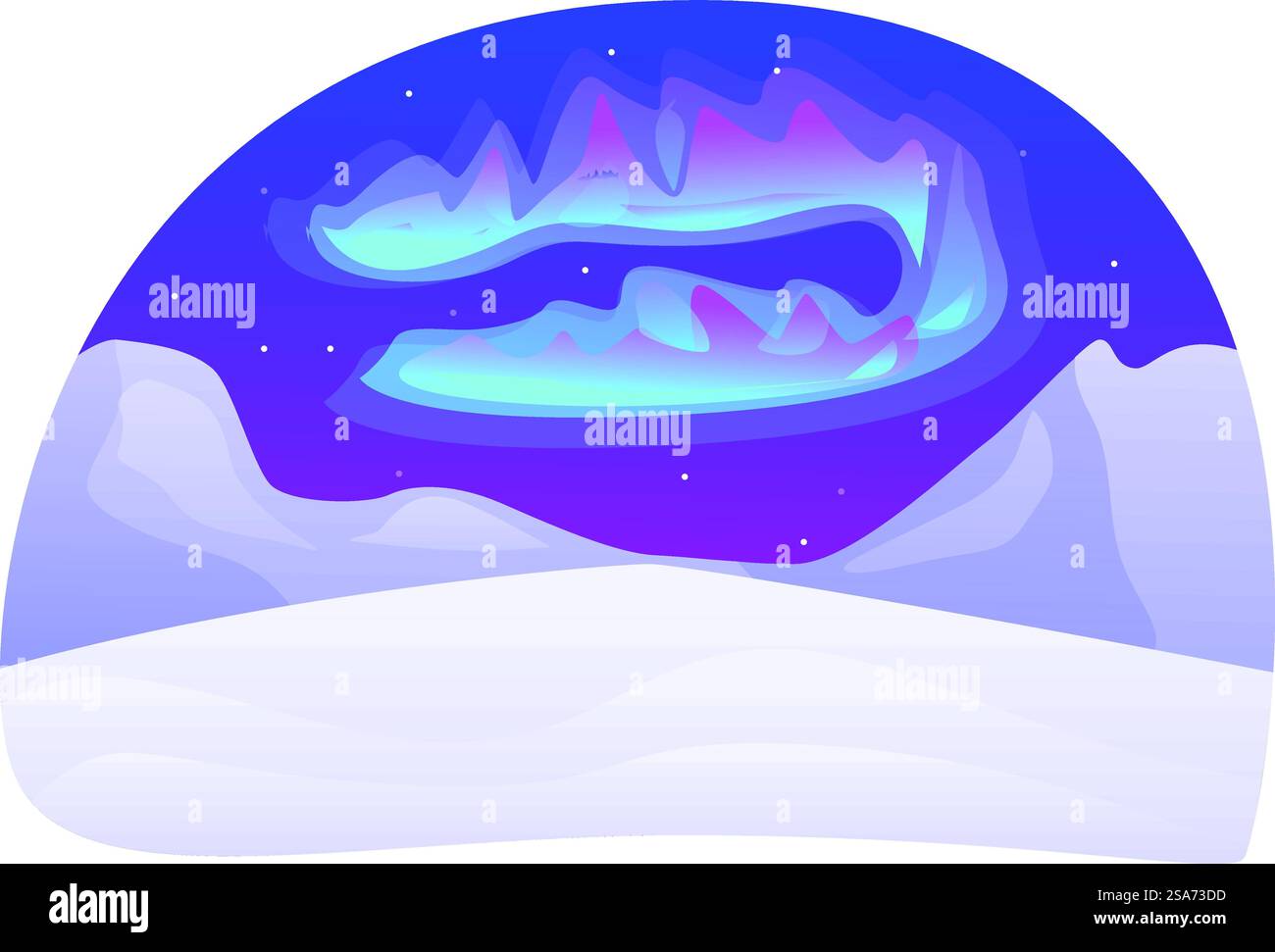 Wunderschöner Nachthimmel mit Nordlichtern über verschneiten Bergen. Nordlichter, die nachts über schneebedeckten Bergen leuchten Stock Vektor