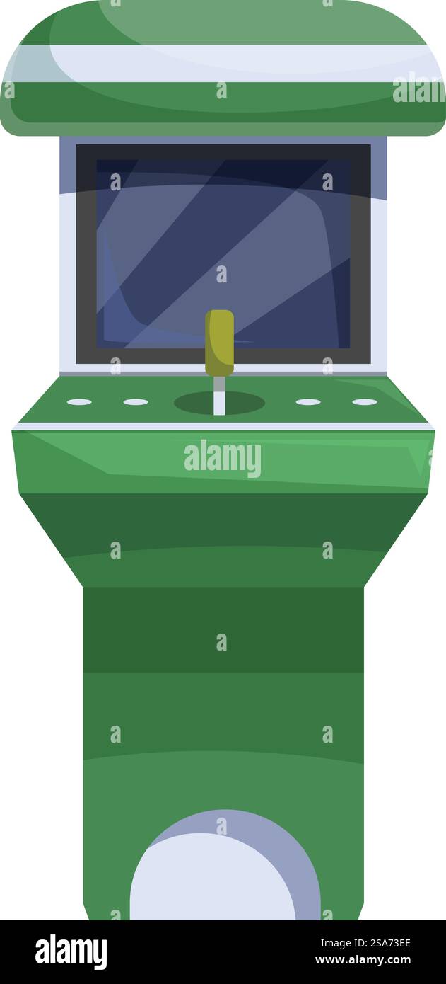 Die grüne Arcade-Spielmaschine steht aufrecht mit einem Joystick und Tasten und lädt die Spieler zum nostalgischen Spielerlebnis ein. Grüne Arcade-Spielmaschine, aufrecht stehend mit Joystick und Tasten Stock Vektor