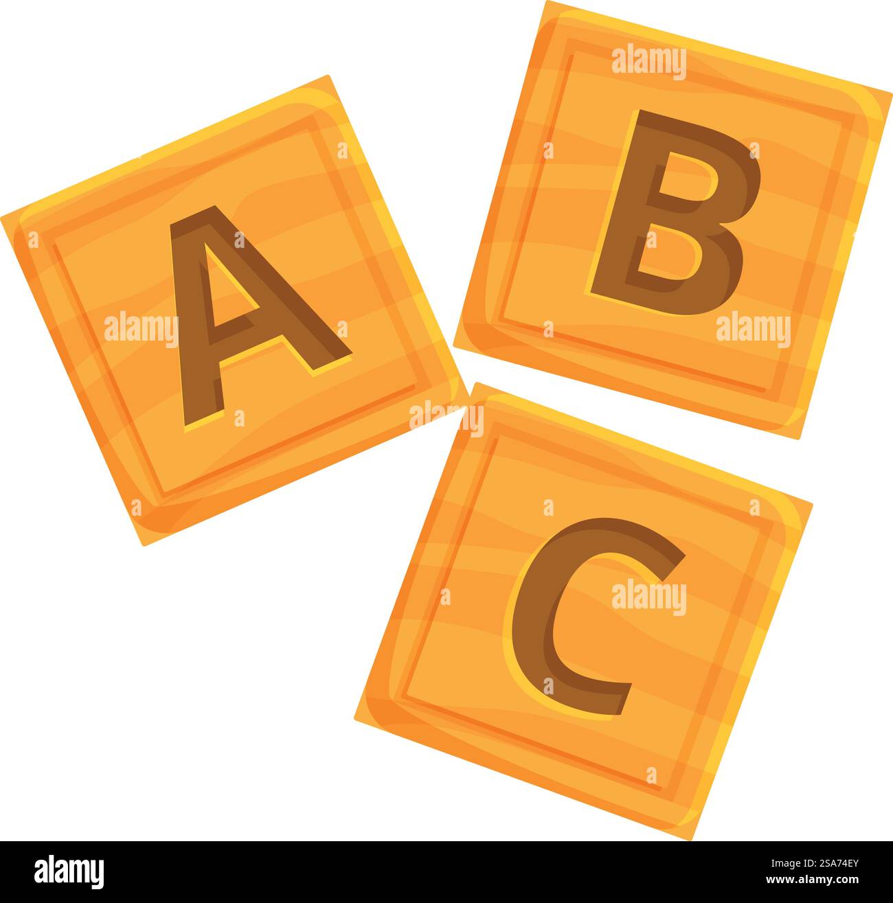 Drei Holzwürfel bilden die ersten drei Buchstaben des englischen Alphabets. Hölzerne abc-Würfel, die grundlegende englische Wörter bilden Stock Vektor