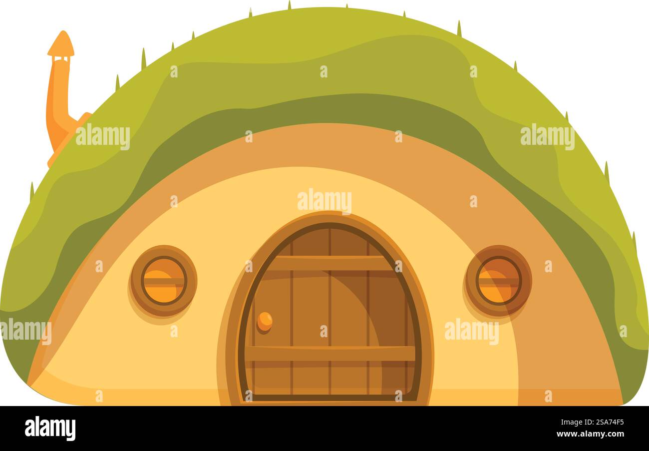 Kleine, gemütliche Wohnung in die Erde gebaut, mit einer Holztür und runden Fenstern. Unterirdisches Hobbit-Haus umgeben von grünem Gras Stock Vektor