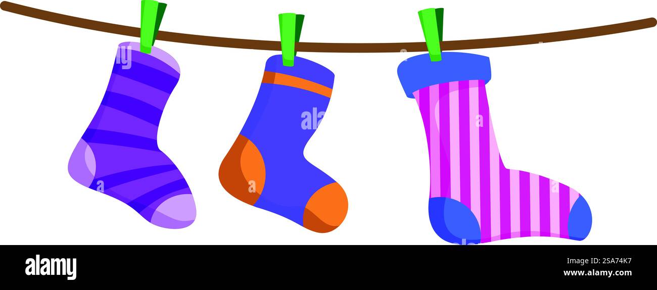 Drei bunte Socken hängen nach dem Wäschetag an der Wäscheleine. Drei farbenfrohe Socken trocknen auf einer Wäscheleine Stock Vektor