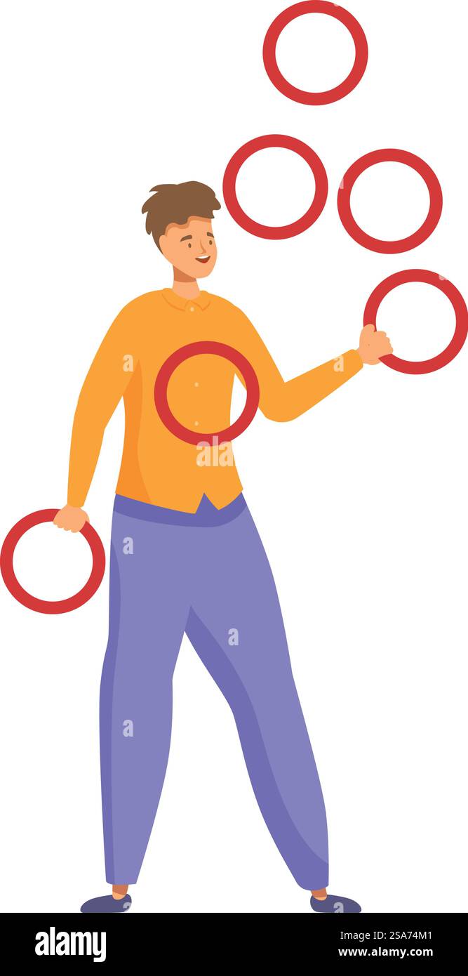 Zirkusdarsteller Jonglierringe und unterhaltsames Publikum auf weißem Hintergrund. Zirkuskünstler jongliert Ringe auf weißem Hintergrund Stock Vektor