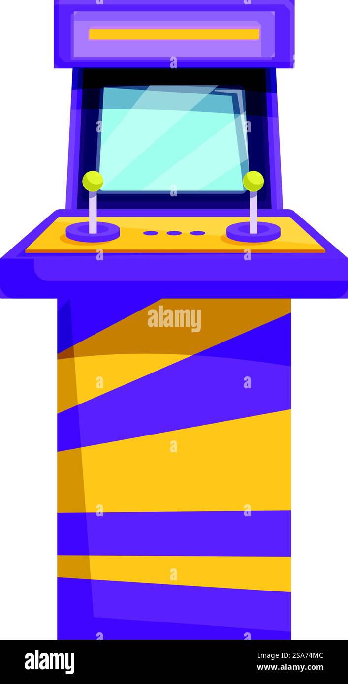 Klassisches Arcade-Spiel, das aufrecht steht und die Nostalgie des Vintage-Gaming zurückbringt. Violettes und gelbes Retro-Arcade-Spiel, das aufrecht steht Stock Vektor