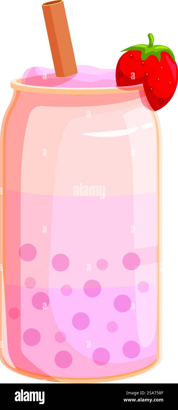 Rosafarbener Erdbeer-Bubble-Tee in einem maurerglas mit Strohgarnitur und Fruchtgarnitur. Erdbeer-Bubble-Tee im einmachglas mit Strohgarnitur und Fruchtgarnitur Stock Vektor