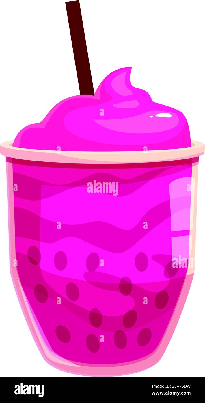 Rosafarbener Bubble-Tee mit Schlagsahne und Strohhalm wartet darauf, Ihren Durst zu stillen. Köstlicher Sprudeltee mit Schlagsahne und Stroh verführt Sie Stock Vektor
