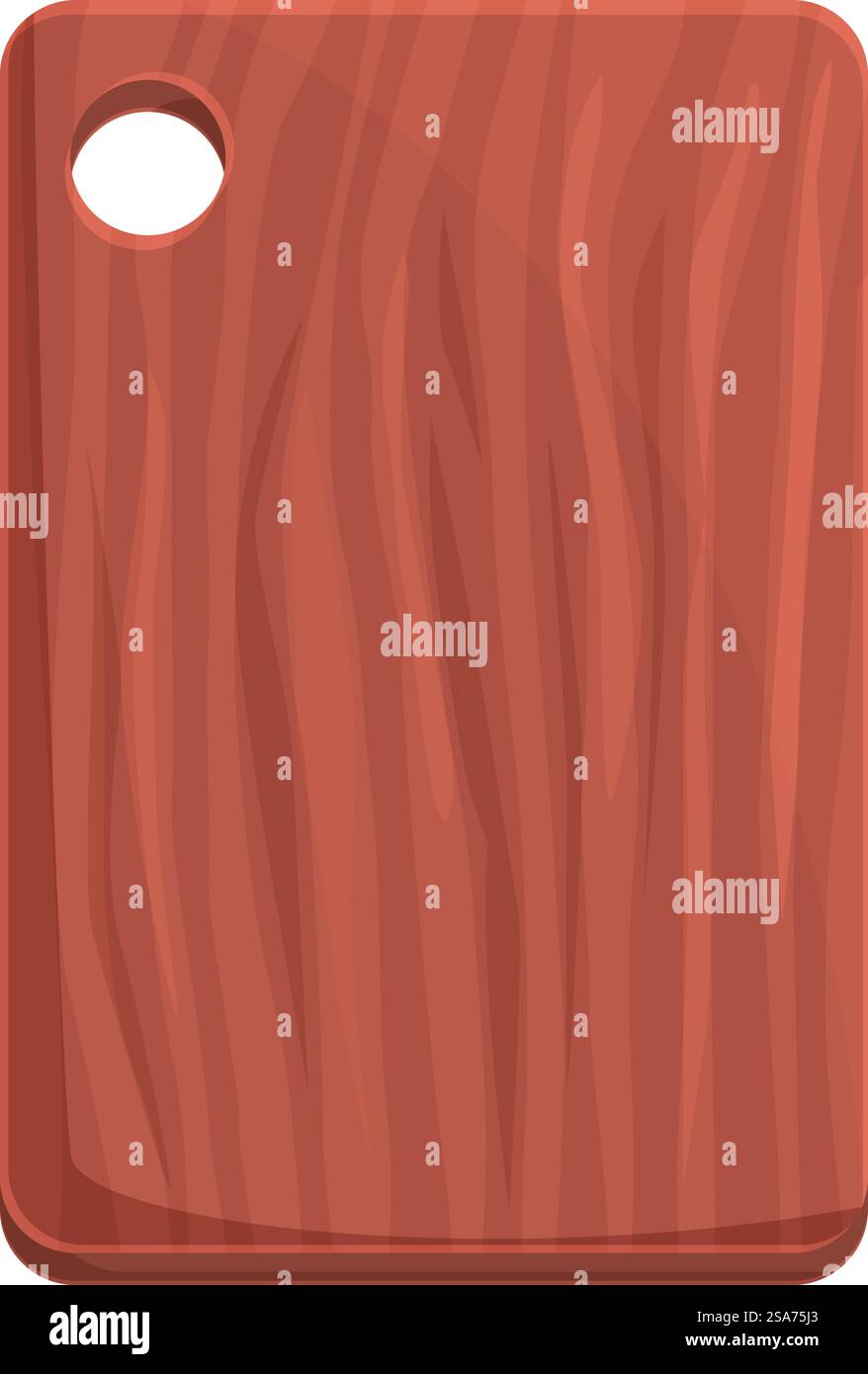 Einfaches, rechteckiges, braunes Schneidebrett mit einem Loch in einer Ecke, das Holzmaserung zeigt. Leeres Holzschneidebrett mit Holzmaserung Stock Vektor
