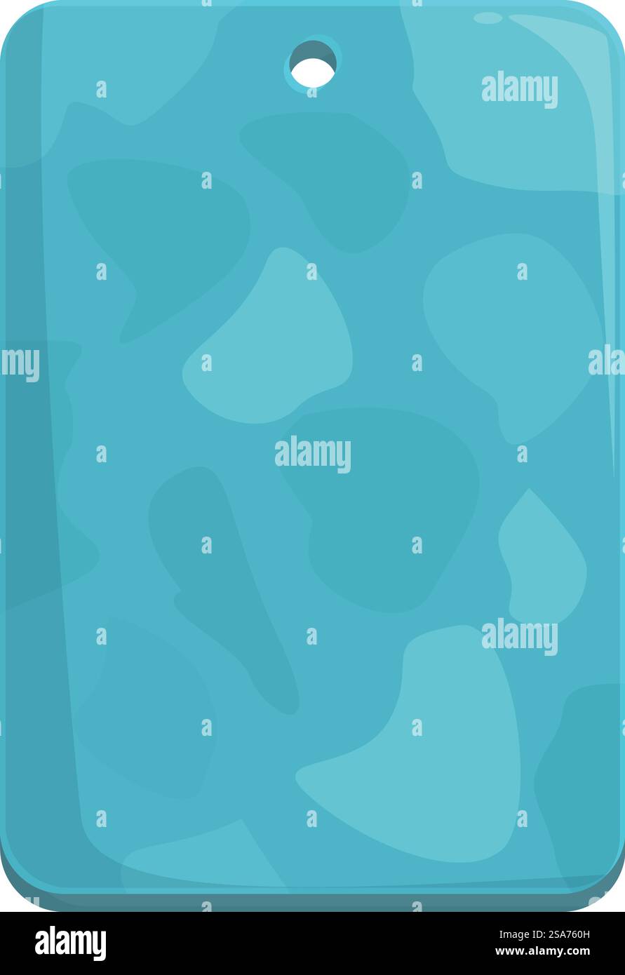 Rechteckige, türkisfarbene Steintafel im Cartoonstil mit unregelmäßiger Form, die am Loch hängt. Leere türkisfarbene Steintafel mit unregelmäßiger Form, die vom Loch hängt Stock Vektor