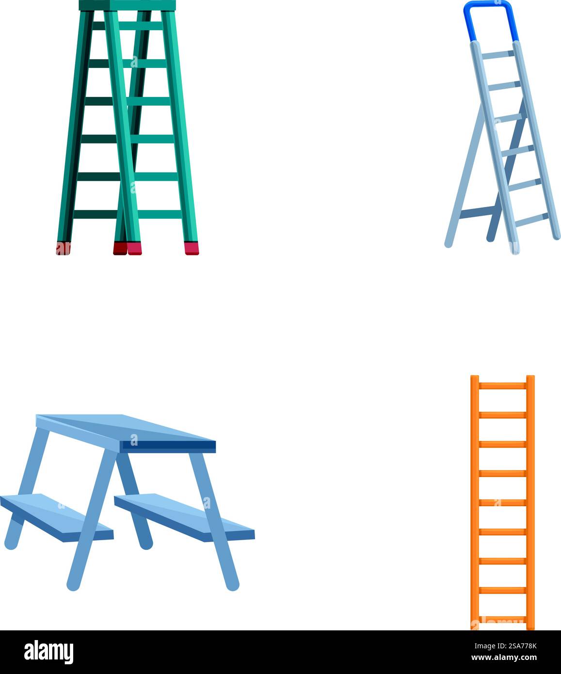 Treppenhaussymbole setzen Zeichentrickvektor. Verschiedene Arten von Metall- und Holzleitern. Bau- und Reparaturausrüstung. Treppenhaussymbole setzen Zeichentrickvektor. Verschiedene Arten von Metall- und Holzleitern Stock Vektor