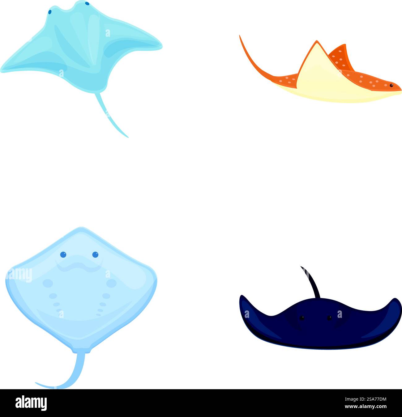 Niedliche Stachelrochen-Ikonen setzen Zeichentrickvektor. Zeichentrickfilm tropische Meerrochen. Natur, Unterwassertier. Niedliche Stachelrochen-Ikonen setzen Zeichentrickvektor. Zeichentrickfilm tropische Meerrochen Stock Vektor