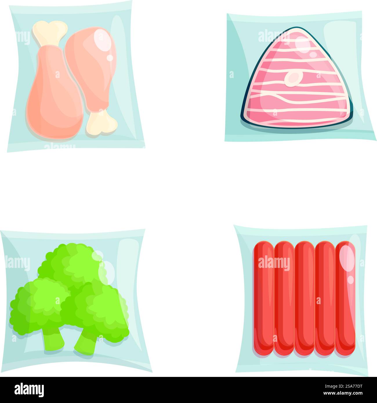 Set aus vier Symbolen im Cartoonstil, die versiegelte Kunststoffverpackungen mit Huhn, Rindfleisch, Brokkoli und Würstchen darstellen. Comic Fleisch- und Gemüseverpackungen aus Kunststoff Stock Vektor