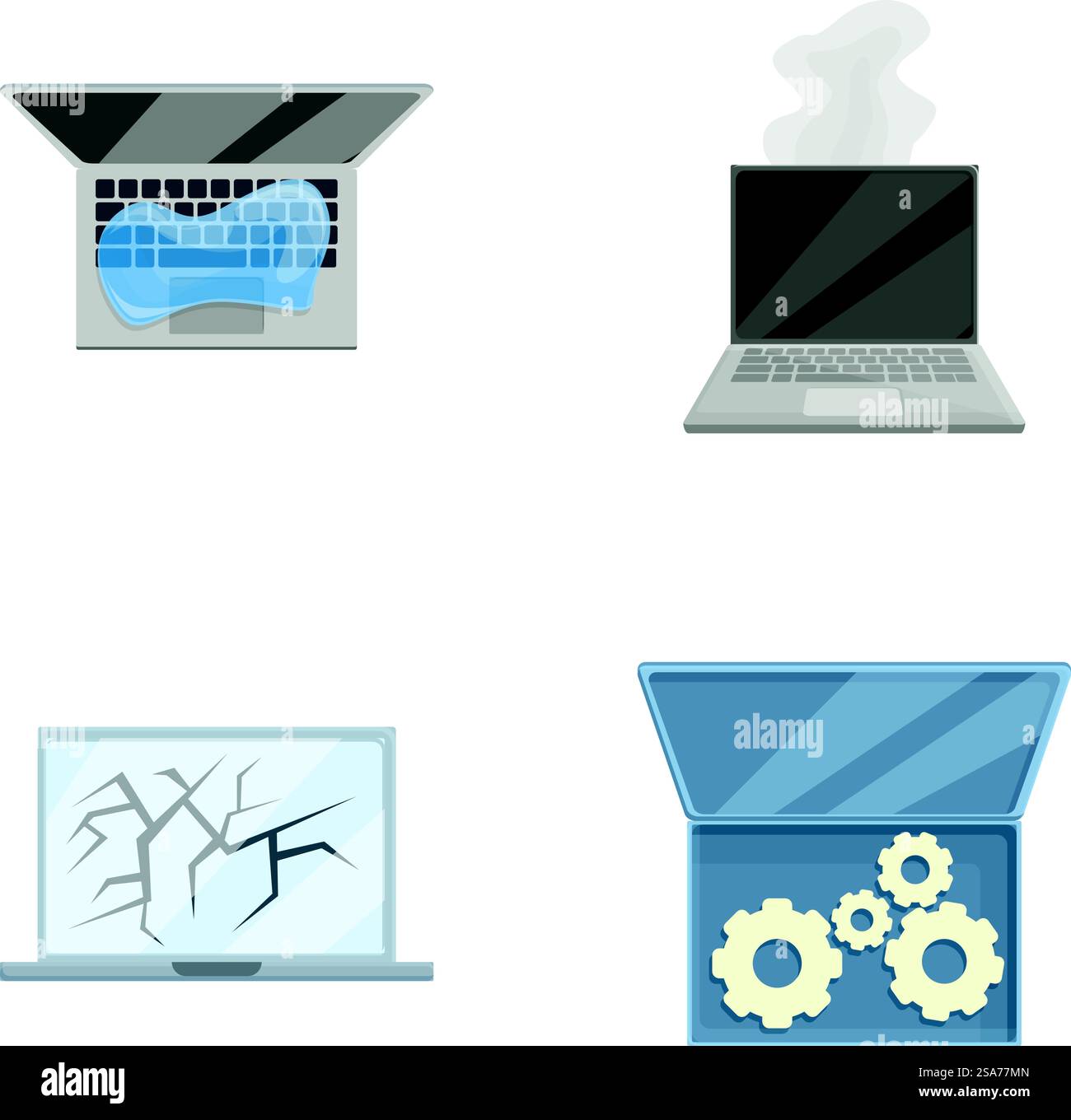 Notebook-Reparatur-Symbole setzen Cartoon-Vektor. Verschiedene kaputte PCs. Reparaturservice, Wartung. Notebook-Reparatur-Symbole setzen Cartoon-Vektor. Verschiedene kaputte PCs Stock Vektor