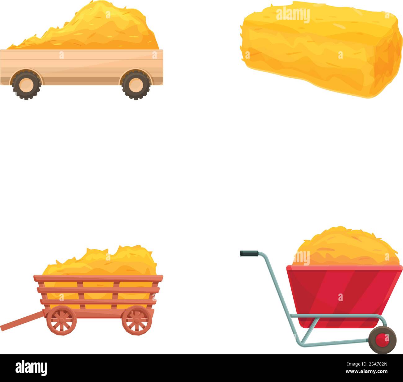 Trockene Heu-Symbole setzen Cartoon-Vektor. Ballen und Stapel trockenes Heu und Wagen. Landwirtschaftliche Ernte, landwirtschaftliche Arbeitsbestände. Trockene Heu-Symbole setzen Cartoon-Vektor. Ballen und Stapel trockenes Heu und Wagen Stock Vektor