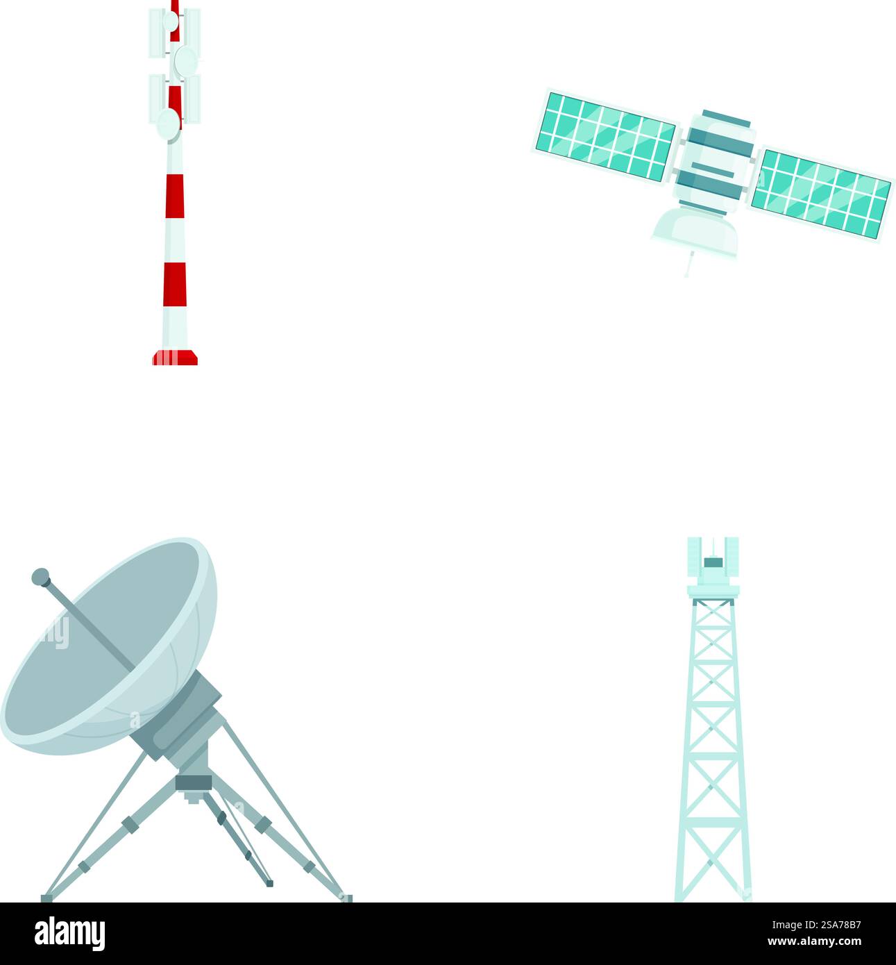 Vektorabbildungen von Signalturm, Satellit, Satellitenschüssel und Funkturm. Eine Reihe von Symbolen der modernen Kommunikationstechnologie Stock Vektor
