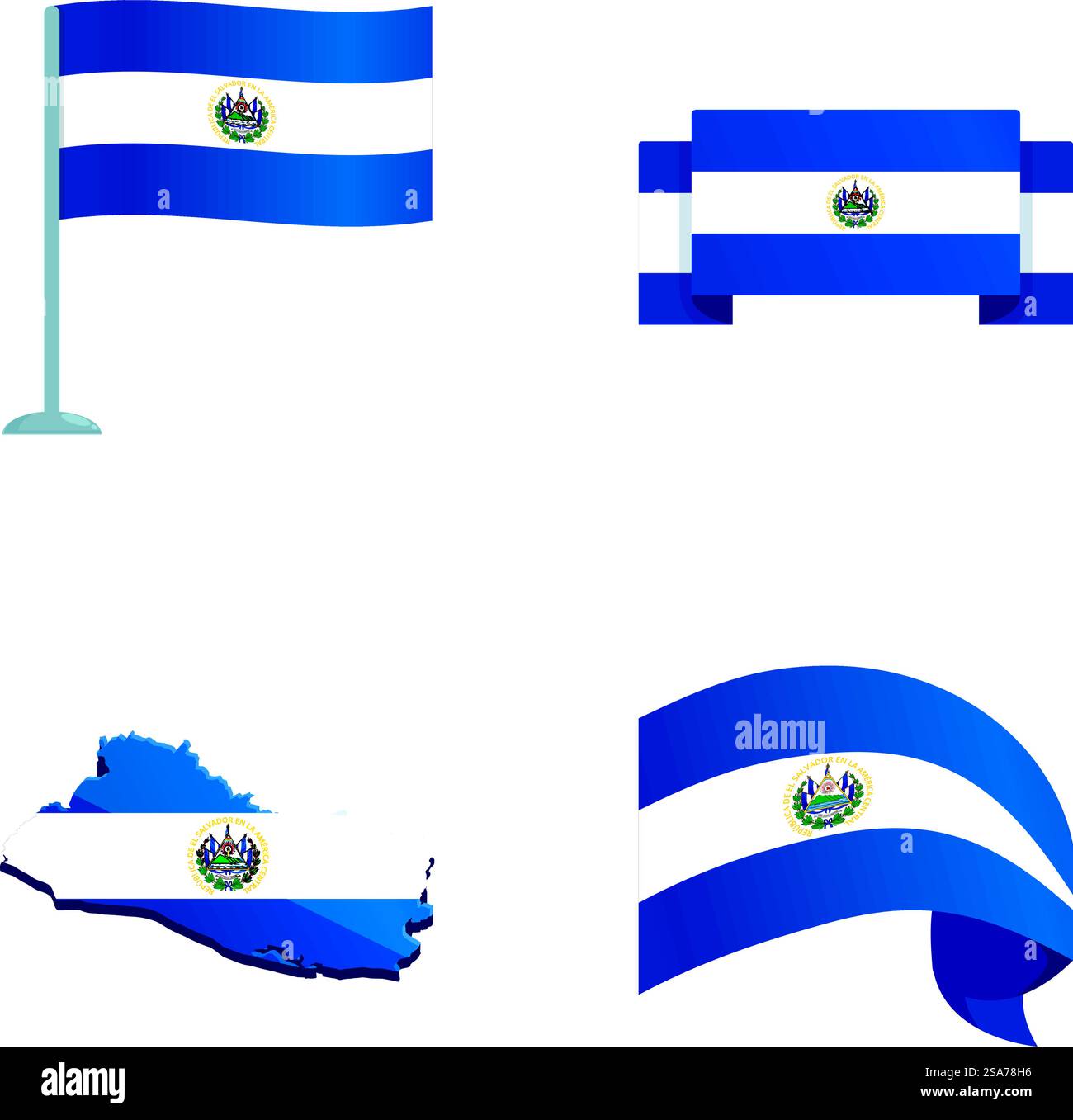 Salvador Symbol Symbole setzen Cartoon Vektor. Flagge des Nationalstaats El salvador. zentralamerikanisches Land. Salvador Symbol Symbole setzen Cartoon Vektor. Flagge des Nationalstaats El salvador Stock Vektor