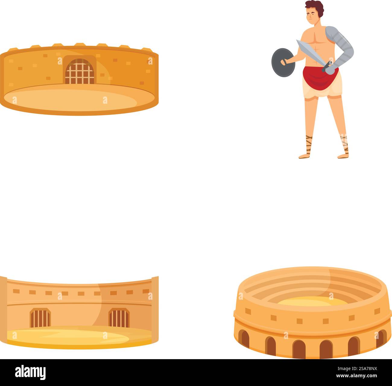 Römische Amphitheater-Ikonen setzen Cartoon-Vektor. Historischer Charakter und Wahrzeichen. Das antike rom. Römische Amphitheater-Ikonen setzen Cartoon-Vektor. Historischer Charakter und Wahrzeichen Stock Vektor