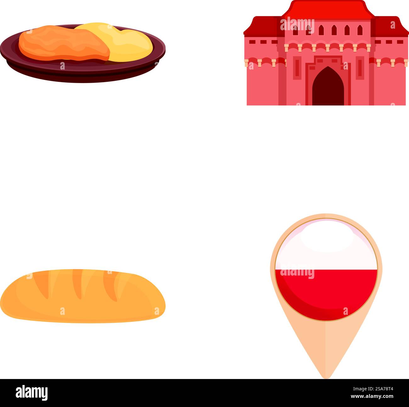 Vektor-Illustration Set eines Spiegelei, historisches Gebäude, Brot und Karte Pin. Kulturelle Symbole, Essen, Architektur und Standortmarkierung Stock Vektor