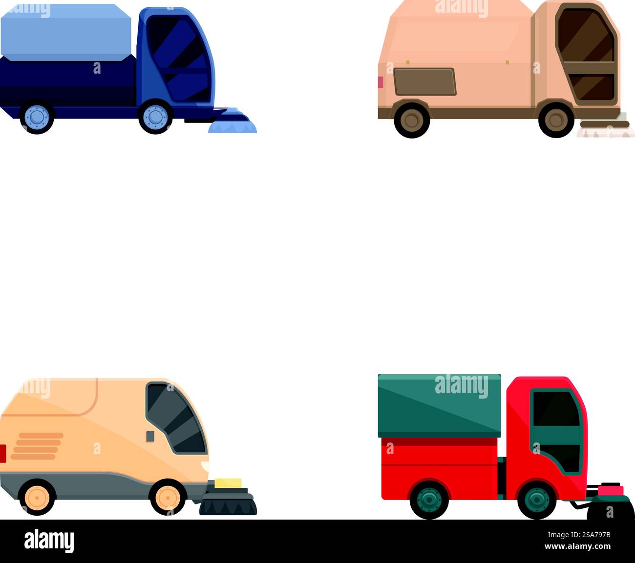 Set aus vier farbenfrohen Vektor-Cartoon-Illustrationen von Straßenkehrern und Lieferfahrzeugen. Verschiedene Cartoon-Straßenkehrer und Lieferwagen Stock Vektor