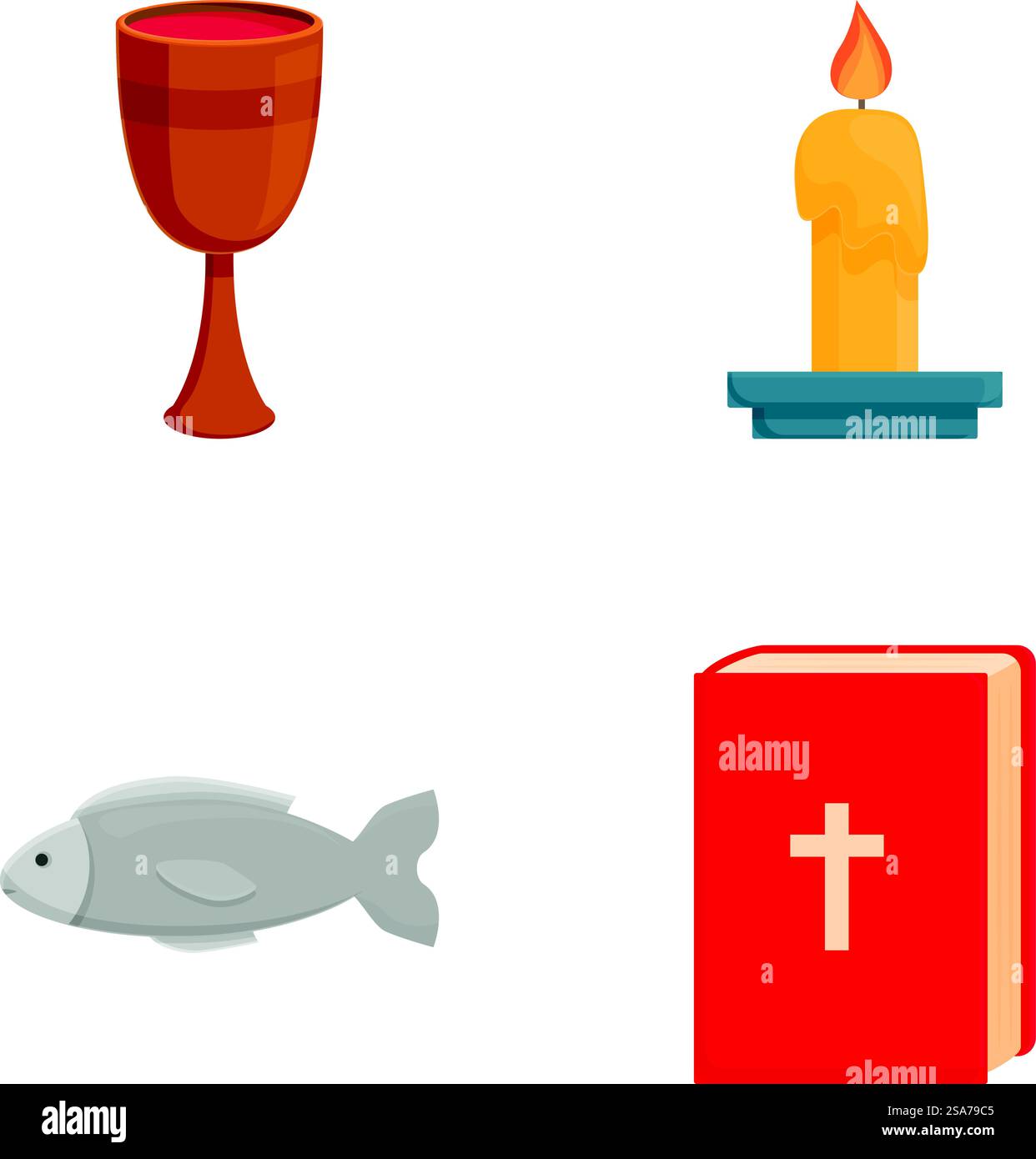 Illustration einer vielfältigen Sammlung religiöser Symbole, einschließlich Kelch, Kerze, Fisch und Bibel, in einem Vektorformat, das Elemente des christentums, des Glaubens und der Anbetung repräsentiert. Set aus vier religiösen Ikonen, darunter Kelch, Kerze, Fisch und Bibel Stock Vektor